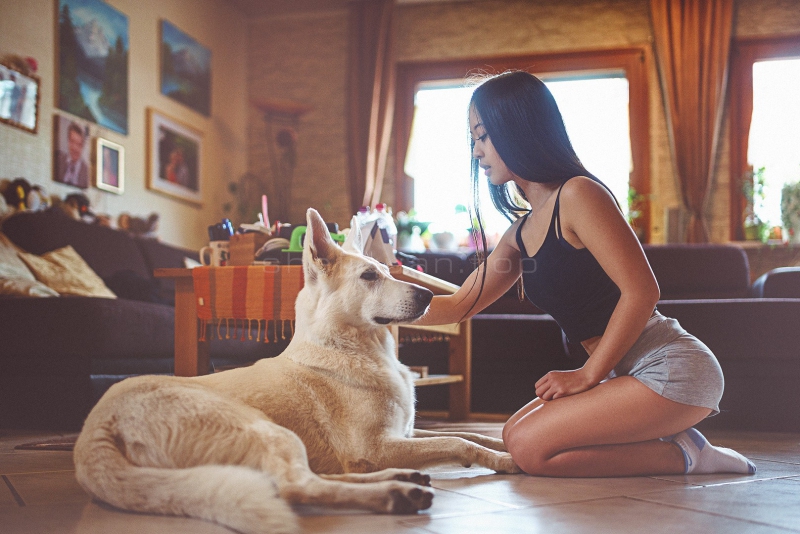 穿着睡裤的美女跪在地上给他的宠物狗在玩耍