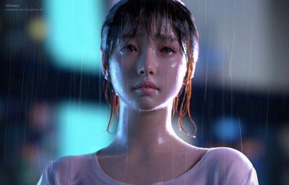 雨中一位伤心的美女衣服都被淋湿了,紧贴在身上