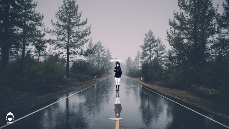 野外的笔直大路上站着一个打伞的可爱女孩雪白的长腿高筒的黑靴子两旁的大树在雨中格外漂亮