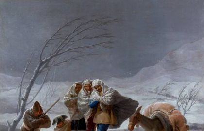 雪灾 （冬季），卡通挂毯，1786-1788年,人物特写,Francisco de Goya y Lucientes (Designs for tapestries to decorate the Konigl. Palaces El Pardo and,头巾,降雪,赛骆驼