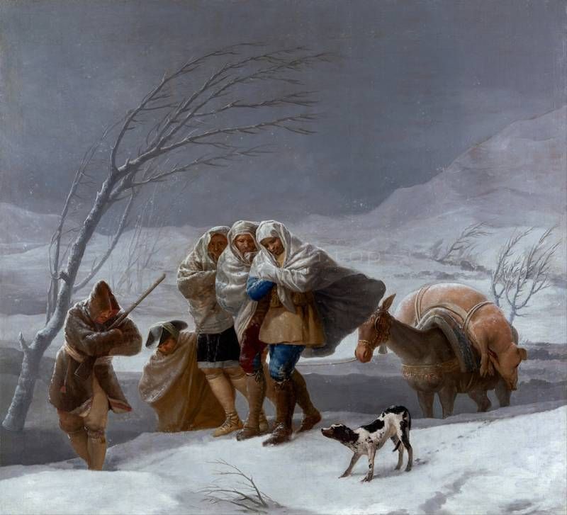 雪灾 （冬季），卡通挂毯，1786-1788年,人物特写,Francisco de Goya y Lucientes (Designs for tapestries to decorate the Konigl. Palaces El Pardo and,头巾,降雪,赛骆驼